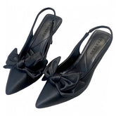 Black Bow Slingback Faux Leather Kitten Silhouette High Heels